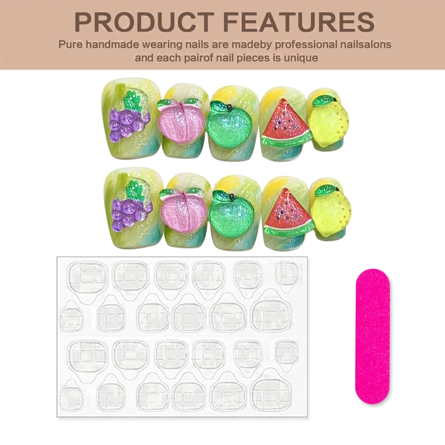 Handmade Press on Nails Summer Fruit Decor False Nails Short Cute Grapes Peaches Lemons Design Fake Nail Patches Wearable 10pcs Peaceful Pleasures Health and Wellness