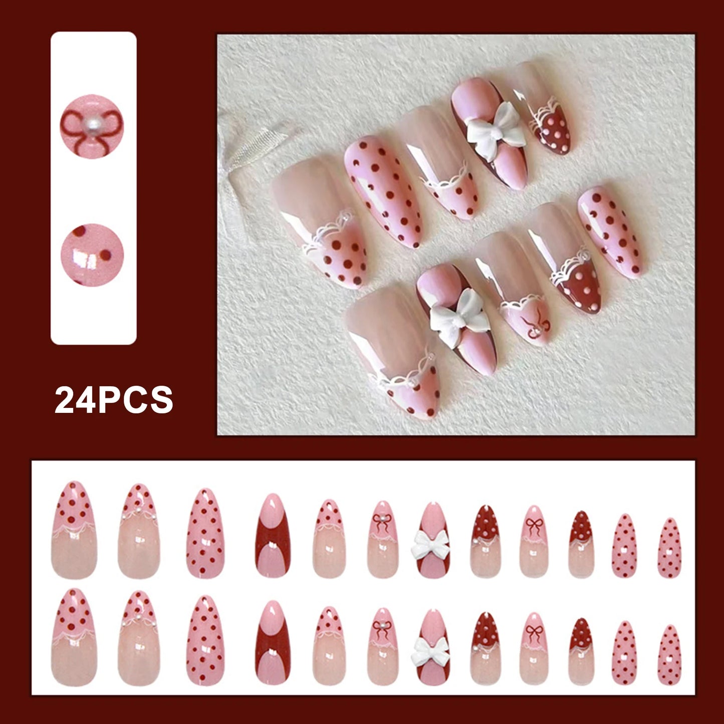 French Press-On Nails 3D Bow Lace Polka Dot Almond 24pcs