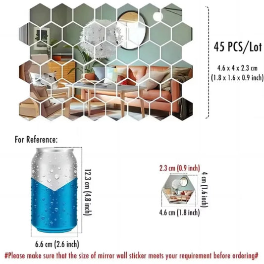45pcs Mirror Wall Sticker, Hexagon Wall Art Sticker, DIY Household Decorative Tiles Sticker Peaceful Pleasures Health and Wellness 45pcs