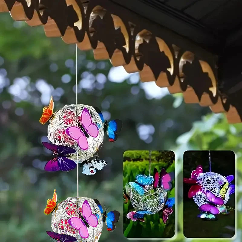 2 Balls Colorful Butterfly Solar Globe Light 4.3in Hanging Outdoor Lantern with Vibrant Butterfly Floral Lamp Solar-Powered Peaceful Pleasures Health and Wellness