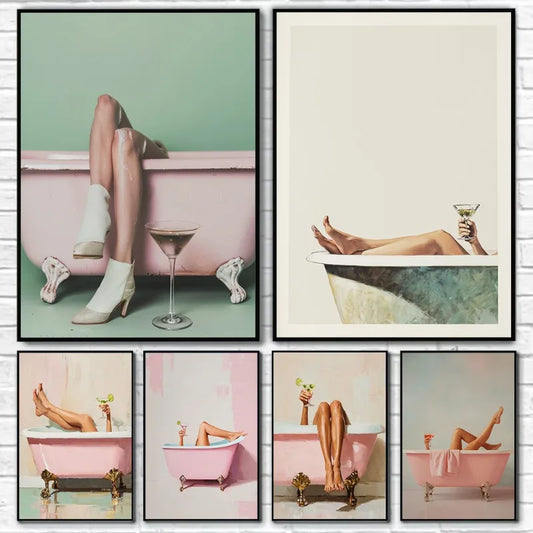 Retro Martini Girl Bathtub Canvas Wall Art | Glam Bathroom Decor Canvas Wall Art Peaceful Pleasures Health and Wellness