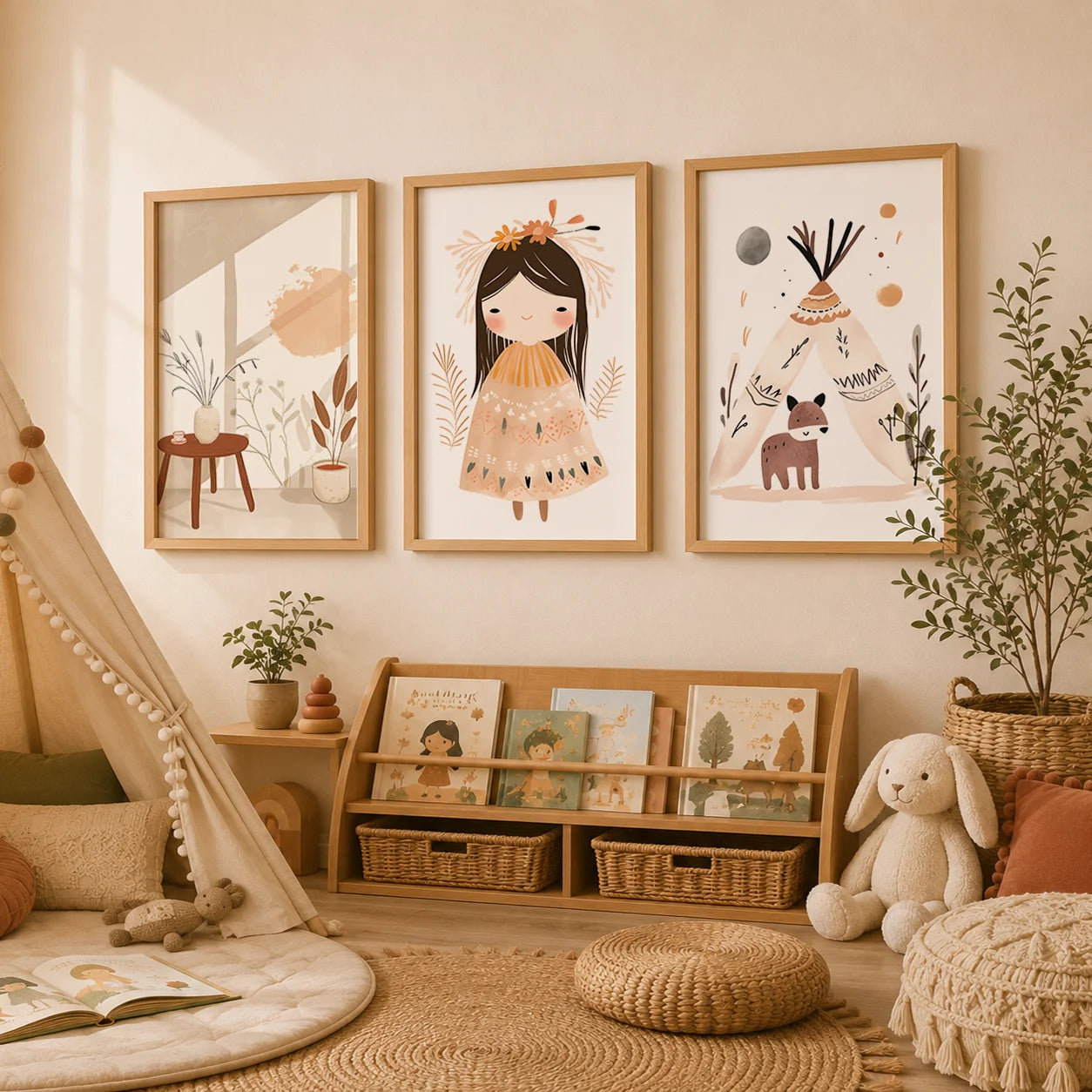 Nursery Wall Art Boho Cute Girl Teepee Canvas Painting Nordic Poster Print for Baby Girl Kids Bedroom Decor Peaceful Pleasures Health and Wellness