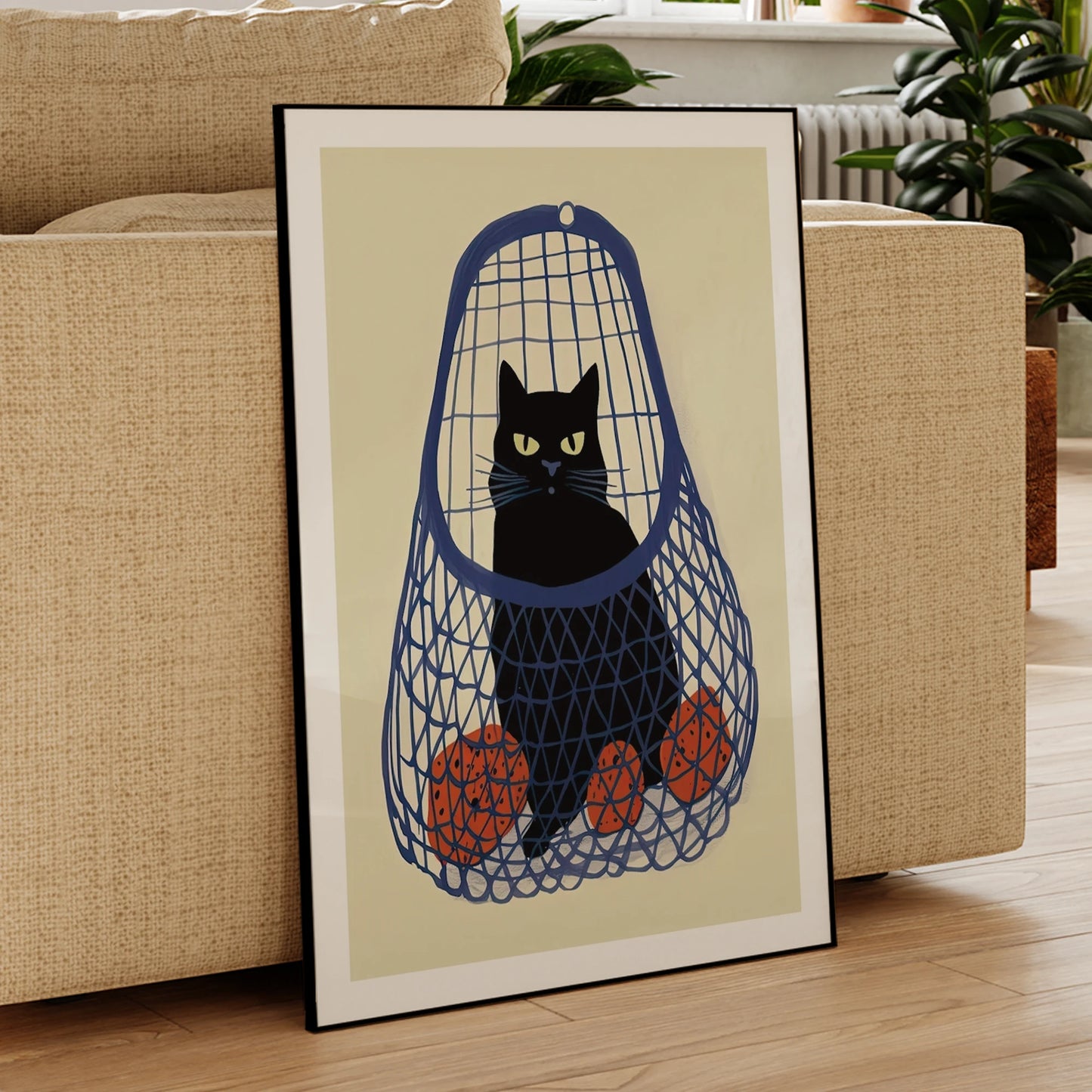 Black Cat Blue Bag Oranges Canvas Wall Art Print | Home Decor