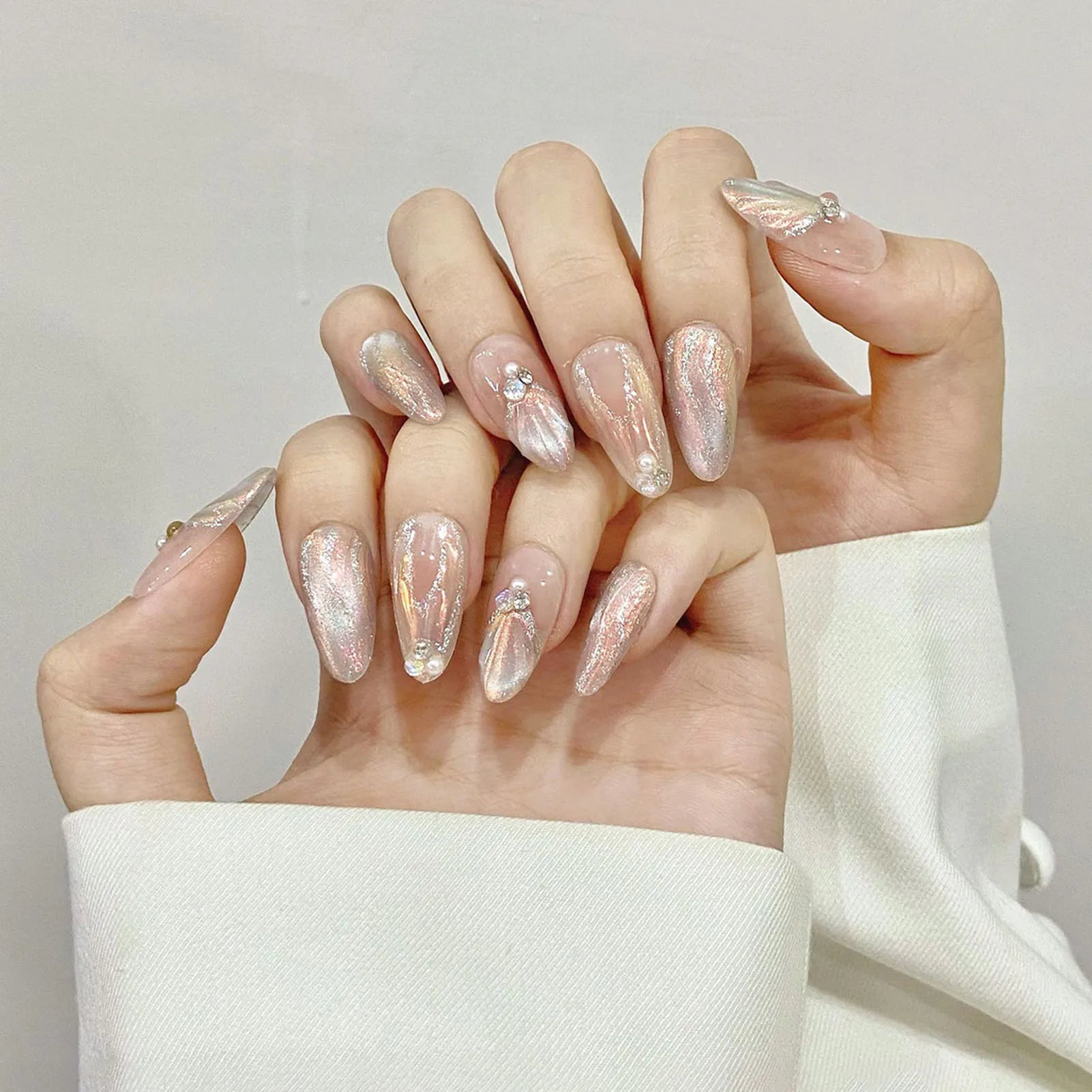 Aurora Colorful Mermaid Press on Nails Dreamy Fairy Sweet Bride Handmade Wearable Fake Nails INS 3d Pearl Almond False Nail Tips Peaceful Pleasures Health and Wellness