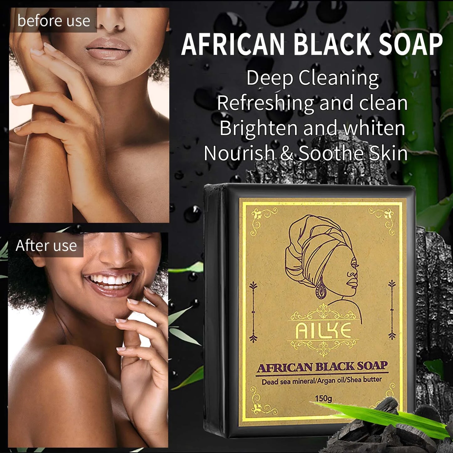 AILKE African Black Soap – Brightening Face & Body Bar 150g