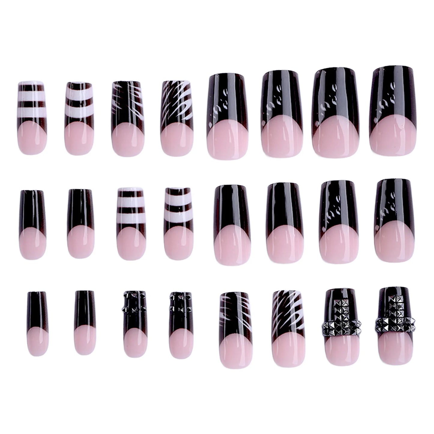 24pcs Dark Style French Square Fake Nails Press On Nails Metal Decor Wearable Black Gothic Punk Halloween False Nail Tip Durable Peaceful Pleasures Health and Wellness