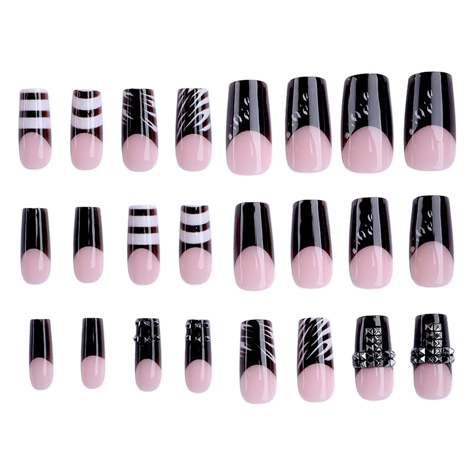 24pcs Dark Style French Square Fake Nails Press On Nails Metal Decor Wearable Black Gothic Punk Halloween False Nail Tip Durable Peaceful Pleasures Health and Wellness
