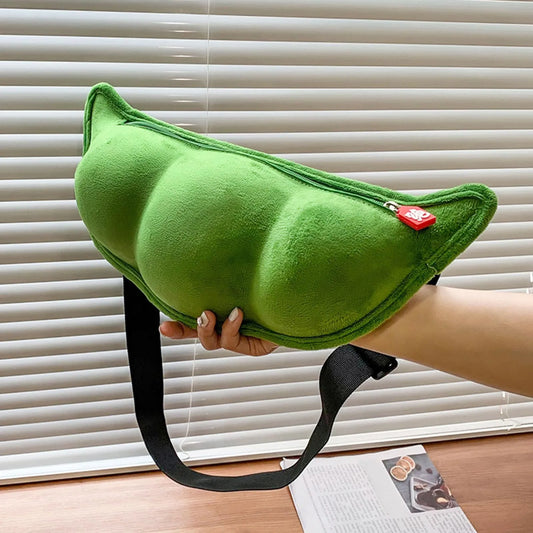 Plush Edamame Crossbody Bag – Cute Pod Shoulder Bag Novelty Crossbody Bag Peaceful Pleasures Health and Wellness