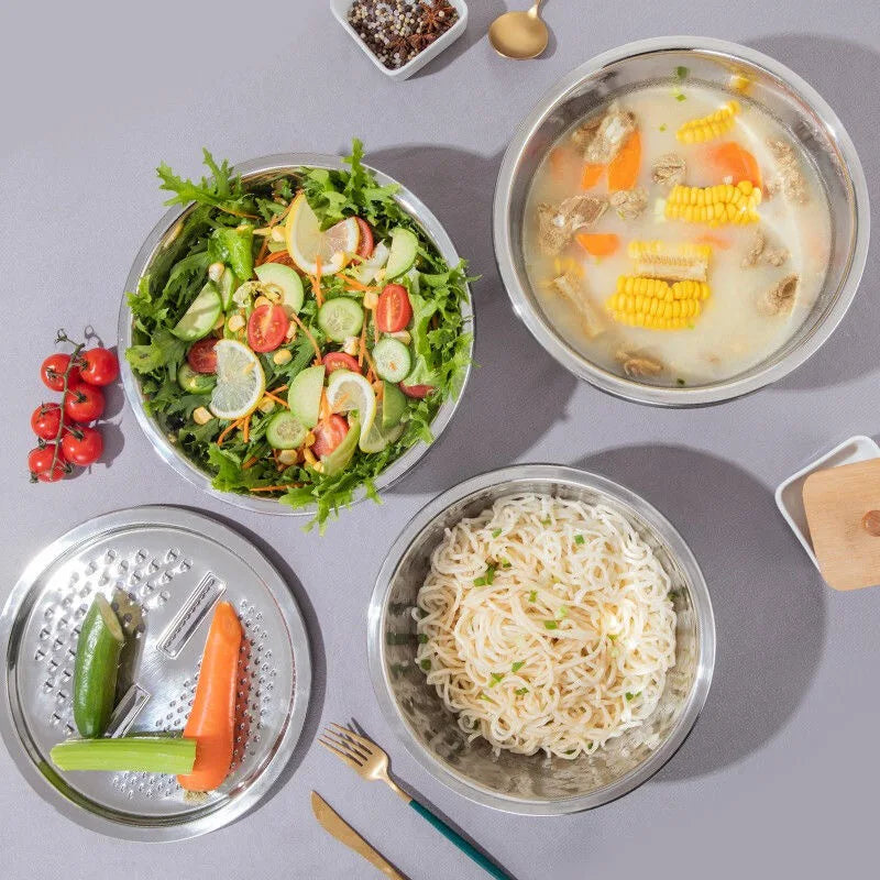 3-Piece Stainless Steel Multifunctional Strainer and Mixing Bowl for Washing and Slicing Fruits Vegetables Essential for Kitchen Peaceful Pleasures Health and Wellness