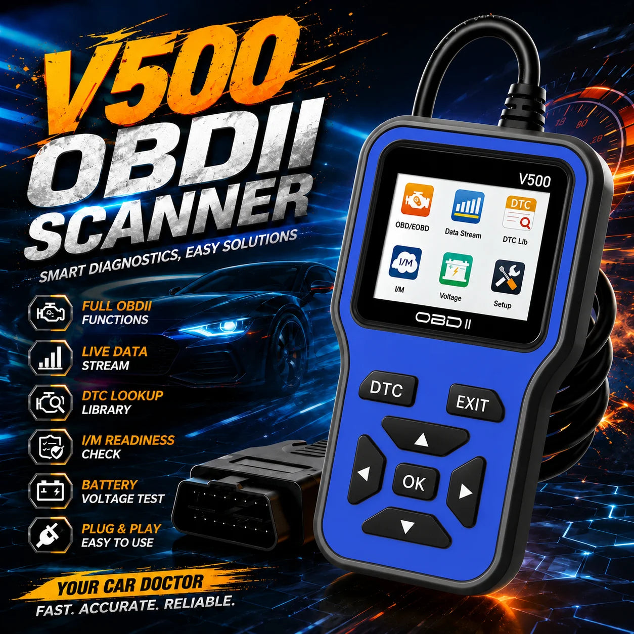 V500 Obd2 Car Diagnostic Scanner Engine Fault Code Reader Battery Voltage Tester Charging System Analyzer Check Engine Light Too Peaceful Pleasures Health and Wellness Blue
