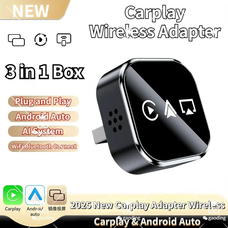 Wireless Carplay Android Auto Airplay Adapter 2025 New 3 in 1 AI Smart Mini Car Box Plug and Play Auto Connect WiFi Bluetooth Peaceful Pleasures Health and Wellness