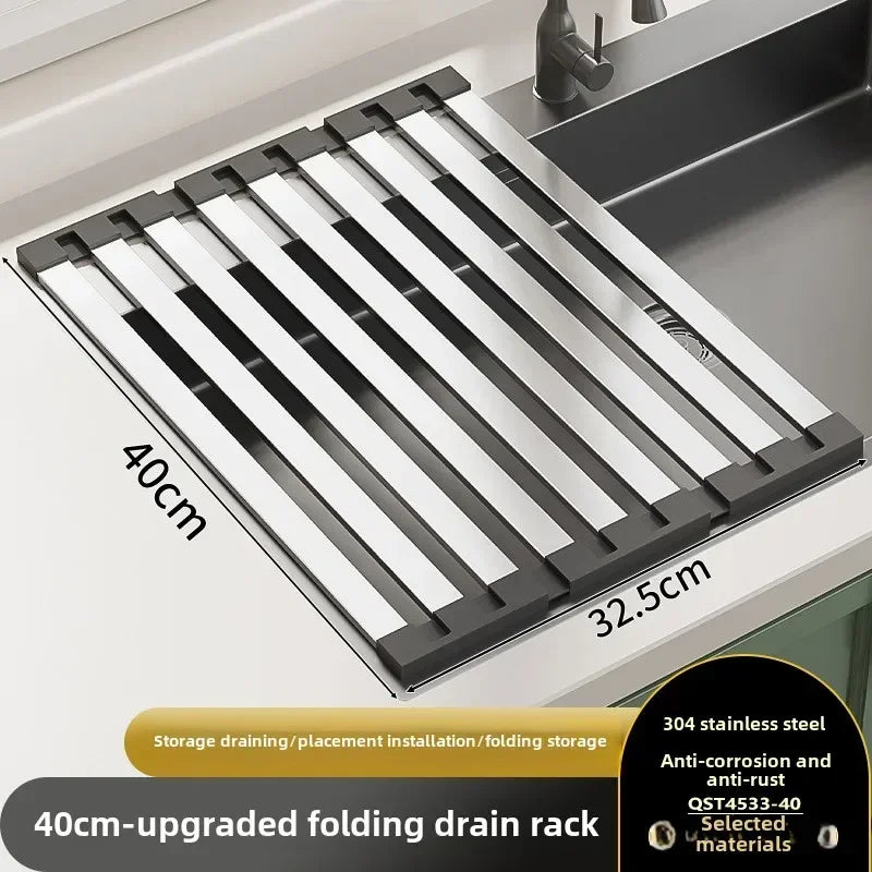 Foldable Over-Sink Drying Rack – 304 Stainless Steel & Silicone Roll-Up Dish, Fruit & Vegetable Drainer