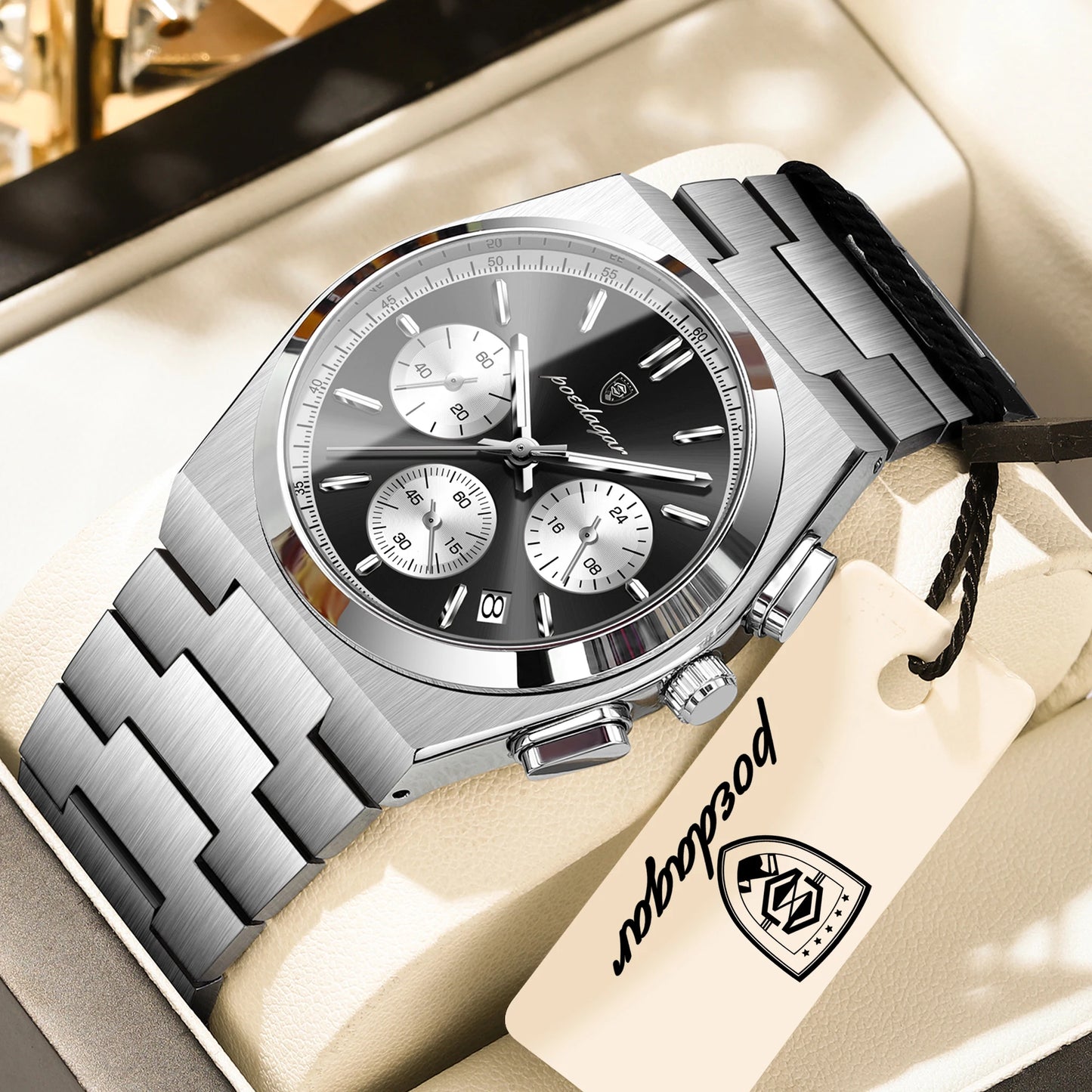 POEDAGAR Top Business Men's Watch Chronograph Date Stainless Steel Classic Man Clock Waterproof Luminous Quartz Watches For Men Peaceful Pleasures Health and Wellness Silver Black White China Mainland