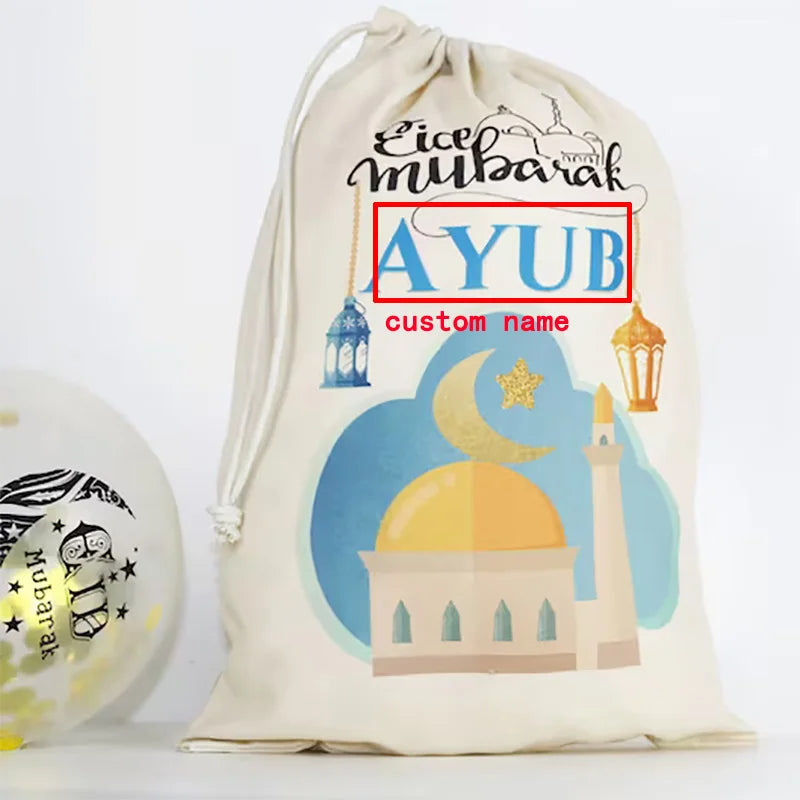 Personalised Eid Mubarak Gift Sack | Kids Islamic Ramadan Bag Personalised Gift Sack Peaceful Pleasures Health and Wellness Personalised blue custom name 30x40cm