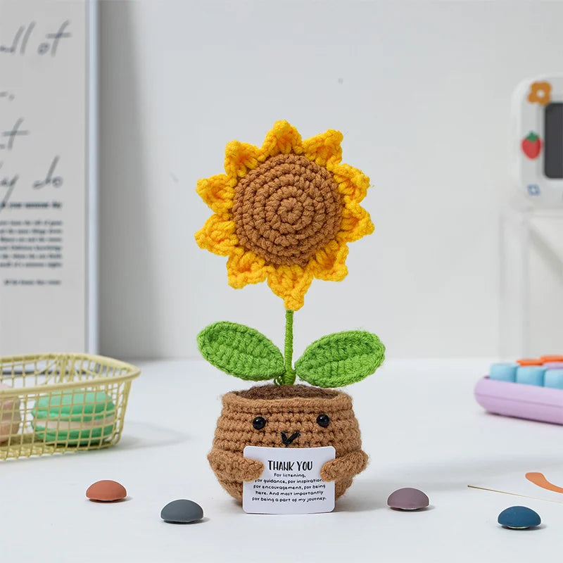 Crochet Sunflower Pot Ornament | Handmade Gift with Positivity Card