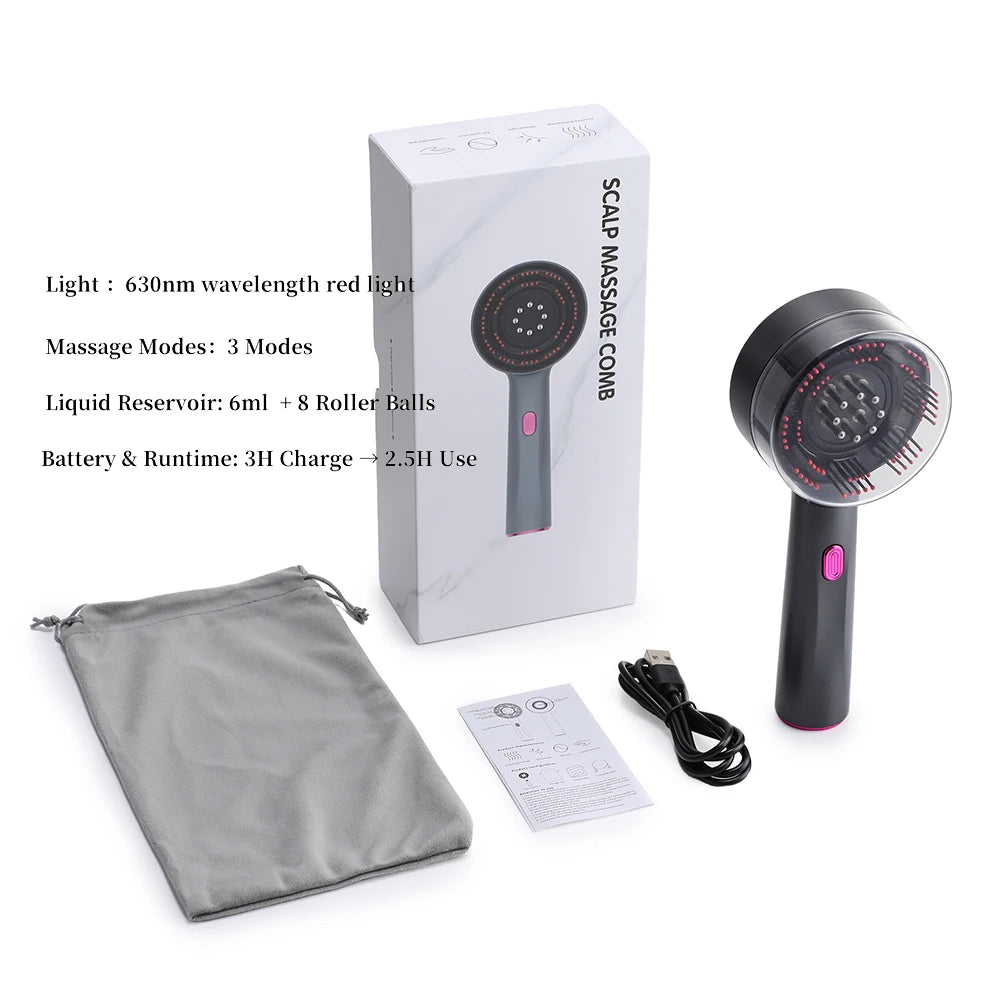 Electric Massage Comb Kneading Scratching Head Massager Deep Tissue Scalp Circulation Light Therapy Brush with Oil Applicator Peaceful Pleasures Health and Wellness 3 Modes 1 Light