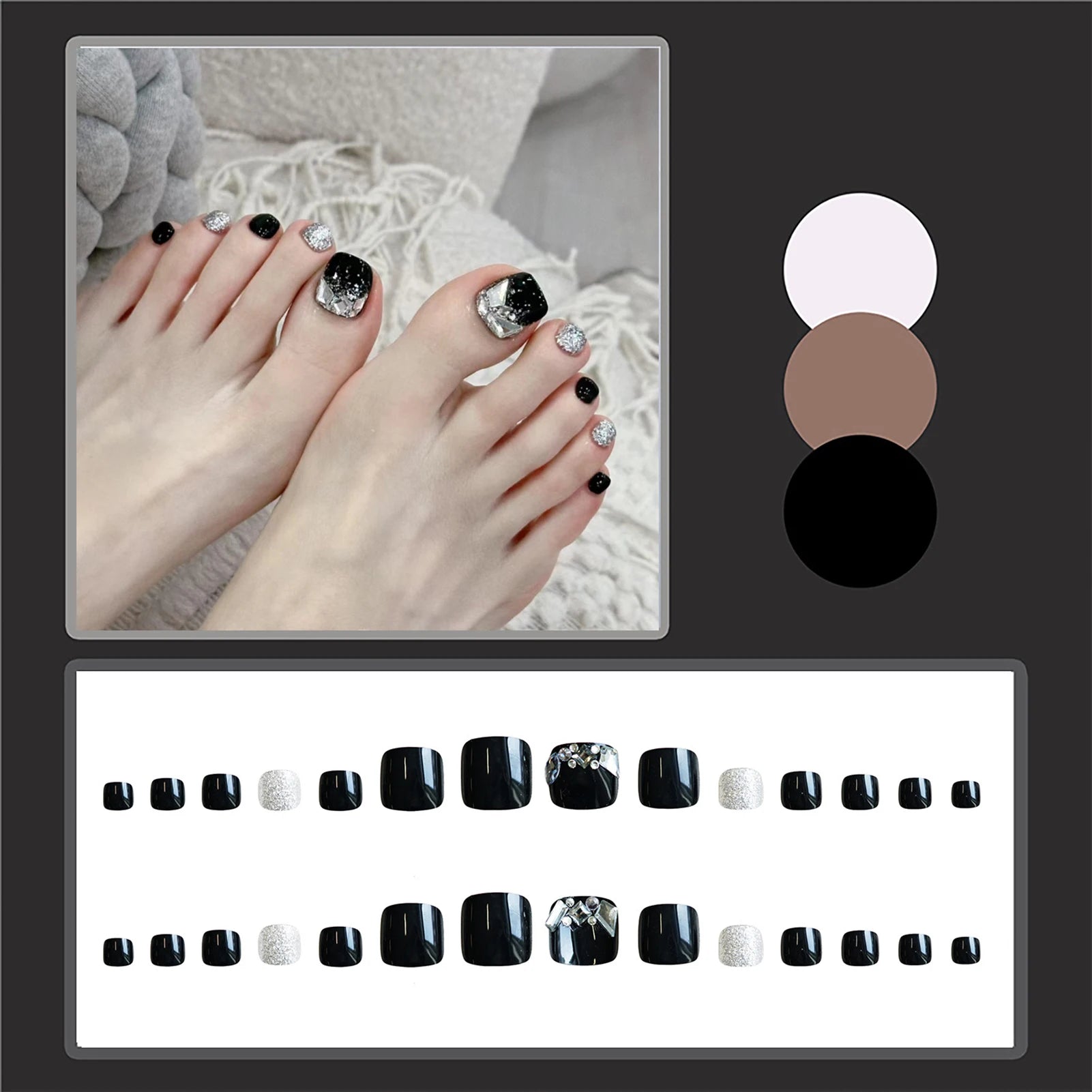 24pcs Black Fake Toenails With Rhinestones Decor Square Press On Nails Tips Long Lasting Glossy False Nails Finished Wearable Peaceful Pleasures Health and Wellness