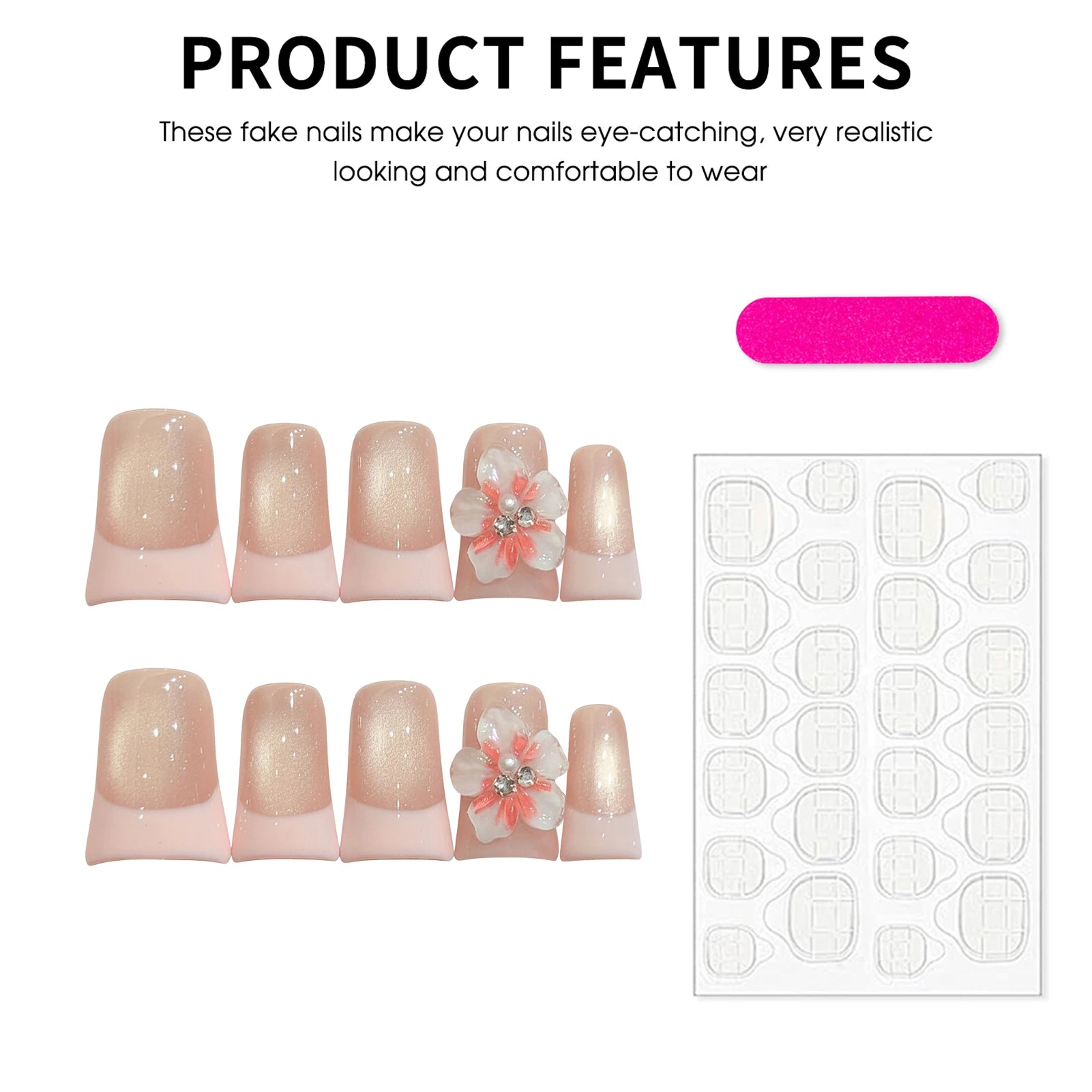 10pcs Duckbill Handmade Press On Nails Ice Through Cat's Eye False Nail With 3D Flower Decor Wearable Elegant Pink French Tips Peaceful Pleasures Health and Wellness