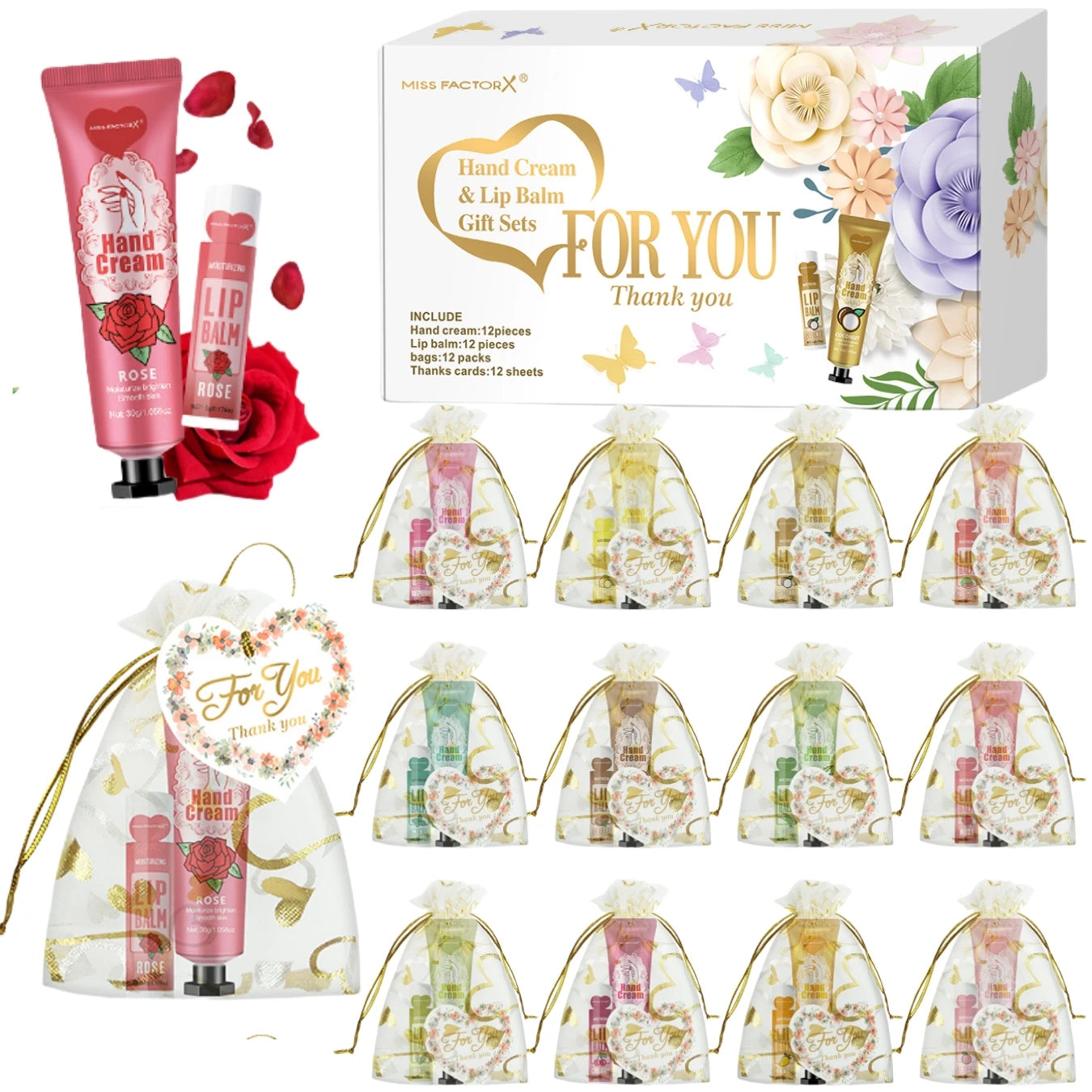 12 Hand gift Hand cream and lip balm set Friends Party Gift with love net bag and thank you card Holiday gift Peaceful Pleasures Health and Wellness 12 sets gifts