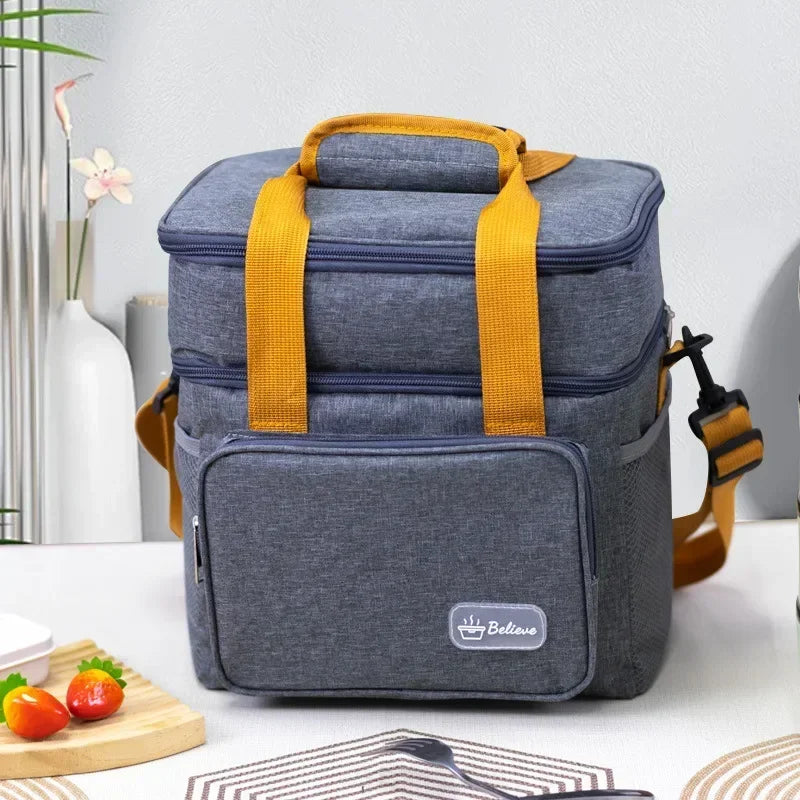 Large Capacity Insulated Lunch Bag Double Layer Thermal Picnic Oxford Shoulder Bag with Handle for Outdoor Food Storage Lunch Peaceful Pleasures Health and Wellness gray-1pc