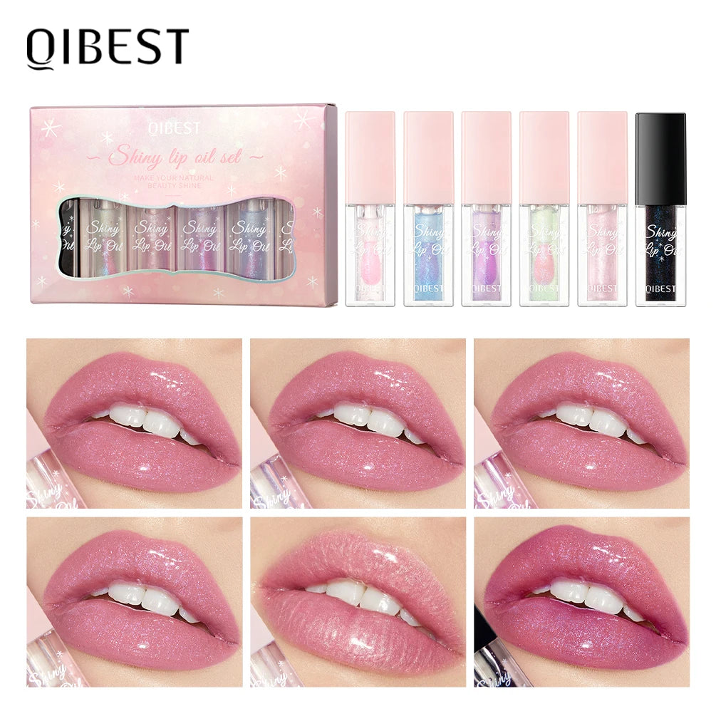 QIBEST Pearlescent Lip Oil Gloss Set Color Change Lip Glaze Plumper Makeup Moisturizing Sexy Glossy Glitter Lips Care Product Peaceful Pleasures Health and Wellness