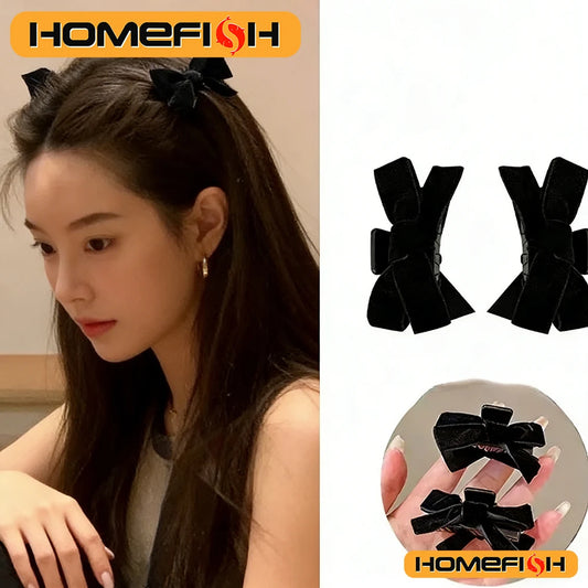 2pcs Black Bow Small Grab Clip Women's Autumn And Winter Vintage Velvet Bangle Clip Hair Clip Style Princess Hair Clip Headwear Peaceful Pleasures Health and Wellness