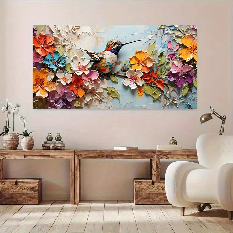 Modern Wooden Wall Canvas Painting, Vibrant Floral Hummingbird Art Poster, Decor Artwork for Living Room and Bedroom, No Frame Peaceful Pleasures Health and Wellness