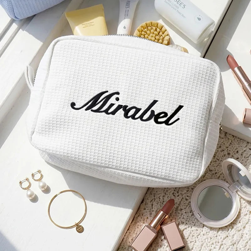 Personalized Waffle Cosmetic Bag | Bridesmaid Makeup Bag Personalized Cosmetic Bag Peaceful Pleasures Health and Wellness