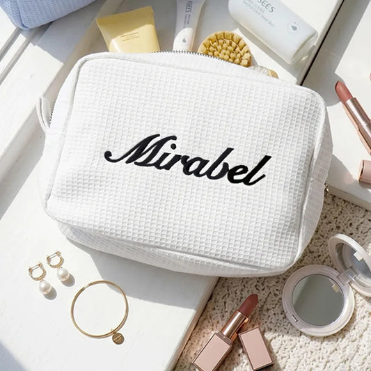 Personalized Waffle Cosmetic Bag | Bridesmaid Makeup Gift Personalized Cosmetic Bag Peaceful Pleasures Health and Wellness