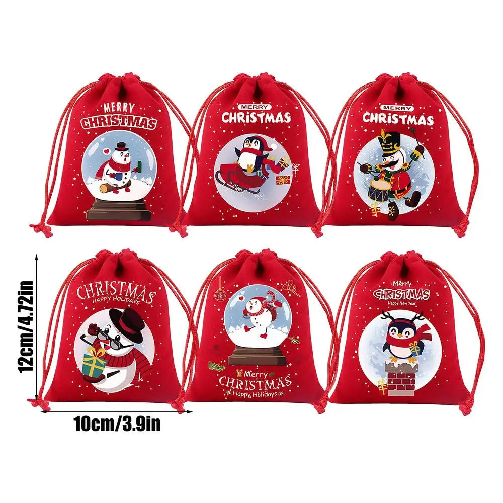 Christmas Drawstring Gift Bags – 6-Piece Reusable Flannel Pouches
