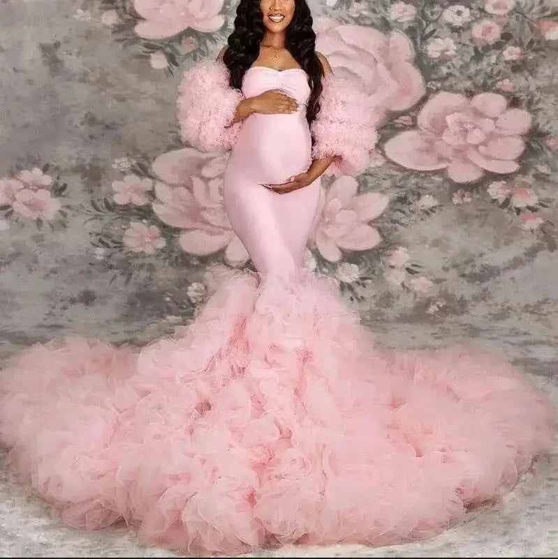 Hot Maternity Dresses Photoshoot Tulle Maxi Gown Baby Shower Ruffles Платье Для Беременных Ropa Платье Вечернее Peaceful Pleasures Health and Wellness PINK US 22W