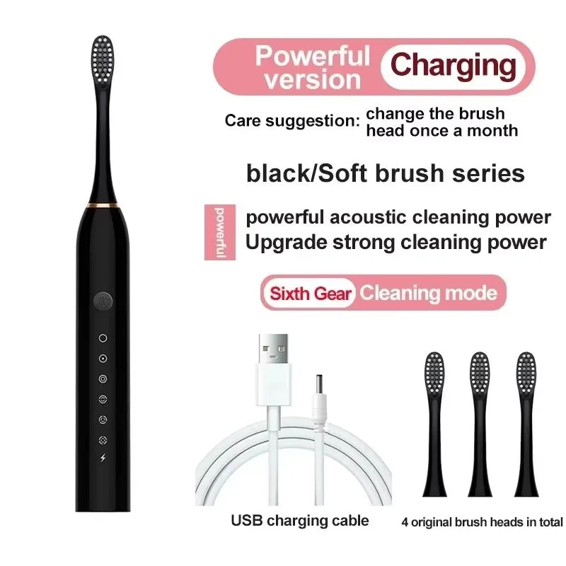 6-Speed Acoustic Wave Electric Toothbrush – Adults & Kids, 4 Heads