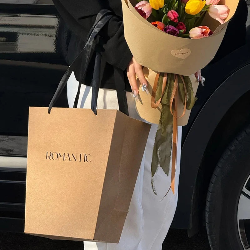 Kraft Paper Tote Bags with Satin Handle | Gift & Wedding Bags