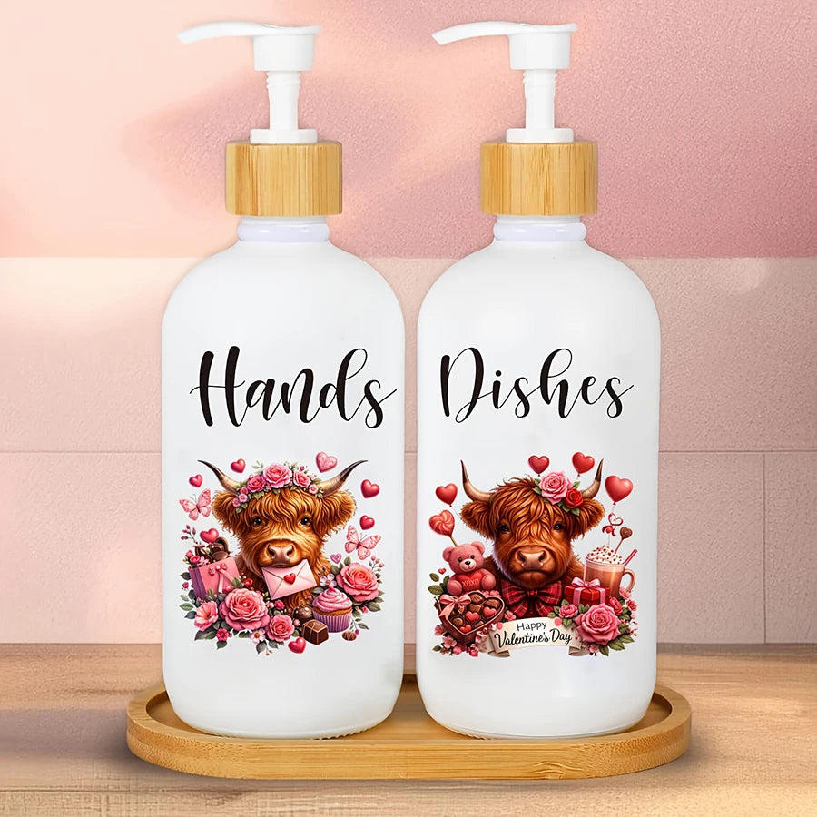 2Pcs Highland Cow Soap Dispenser with Tray – Farmhouse Cow Floral Pump Dispenser Set
