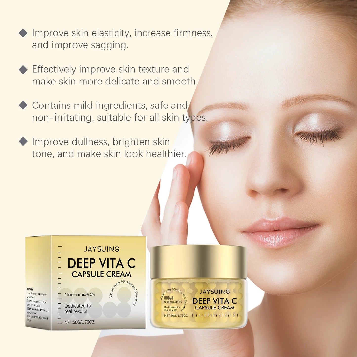 Vitamin C Gold Capsule Face Cream Brighten Skin Improve Dullness Deep Hydration Inhibit Melanin Gentle Nourishing Facial Lotion Peaceful Pleasures Health and Wellness