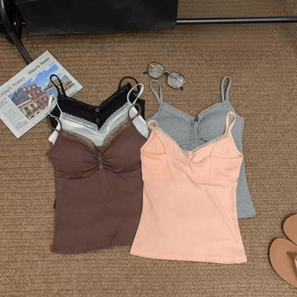 Women's Slim Fit Lace Trim Vest Top – V-Neck with Chest Pad