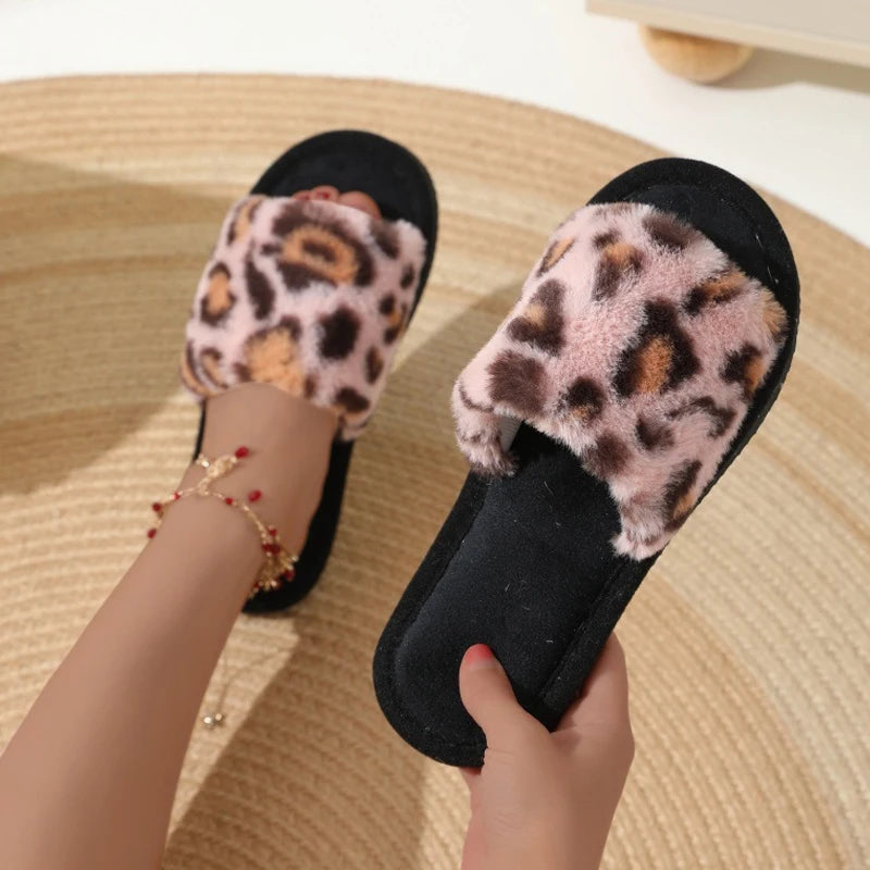 Women's Leopard Print Plush Slippers | Warm EVA Indoor Slides