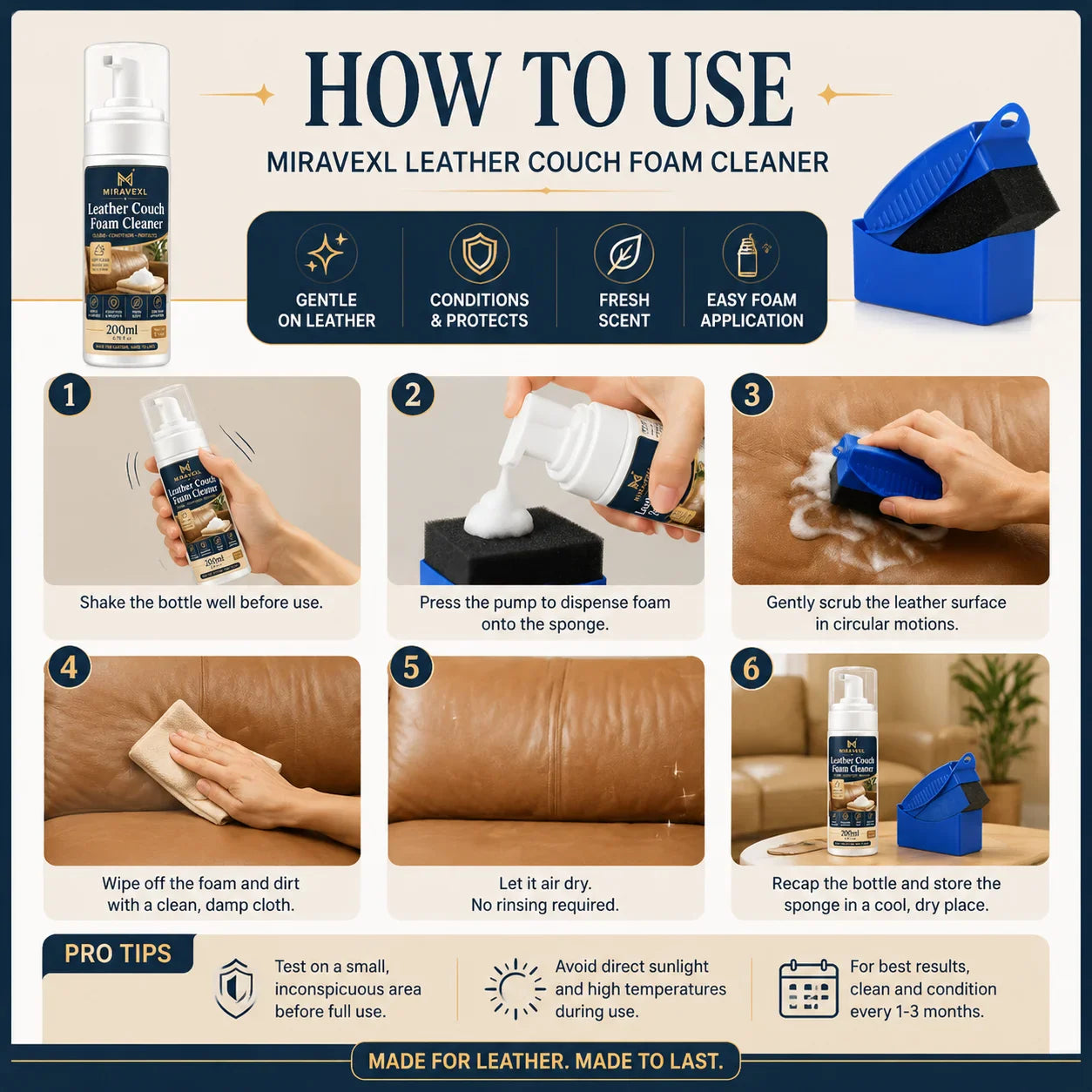 MIRAVEXL Leather Cleaner & Conditioner Kit – Foam + Care Balm