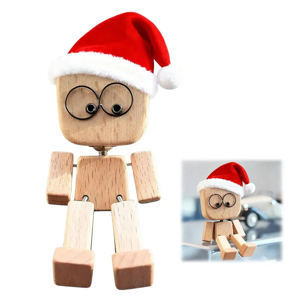 Christmas Hat Leg-swinging Robot Figurine Cute Wood Man Shaking Wooden Man Figurine With Function Of Changing Peaceful Pleasures Health and Wellness