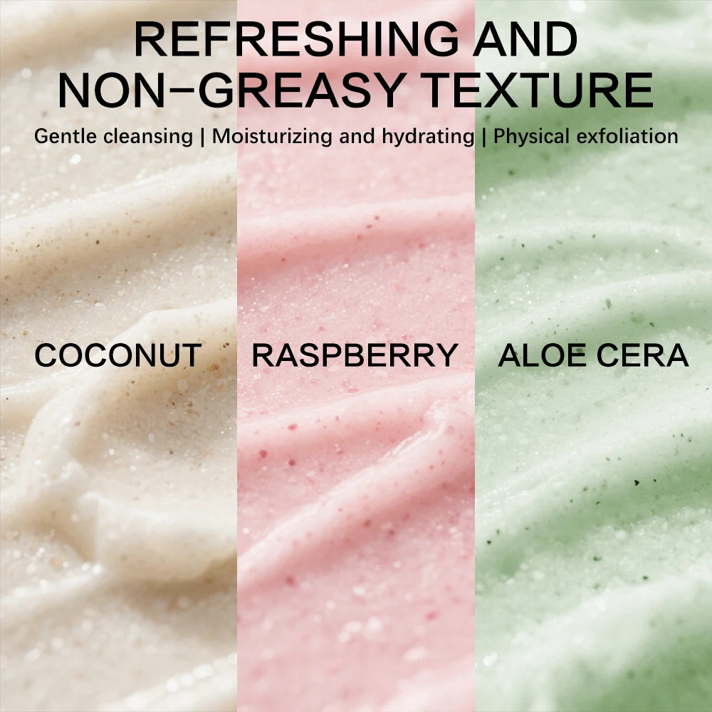 SUYARUN Natural Exfoliating Body Scrub - Raspberry/Aloe/Coconut, Moisturizing Dead Skin Removal, 3 Flavor for Smooth Skin. Peaceful Pleasures Health and Wellness