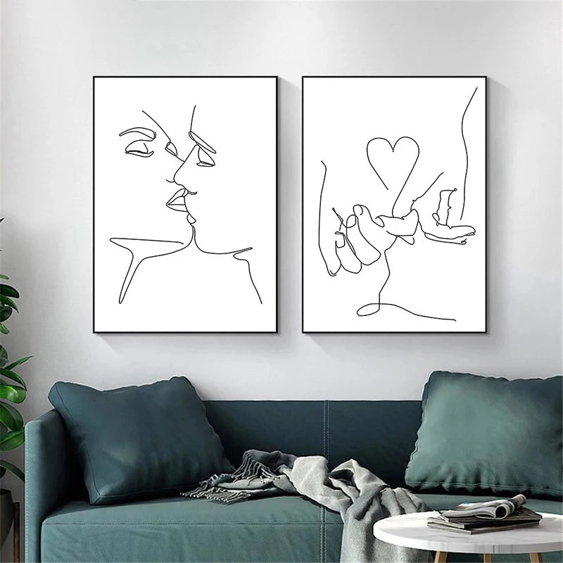 Black And White Line Drawing Couple Kiss Canvas Prints Heart Art Painting Hand In Hand Poster Minimalist Pictures Home Decor Peaceful Pleasures Health and Wellness
