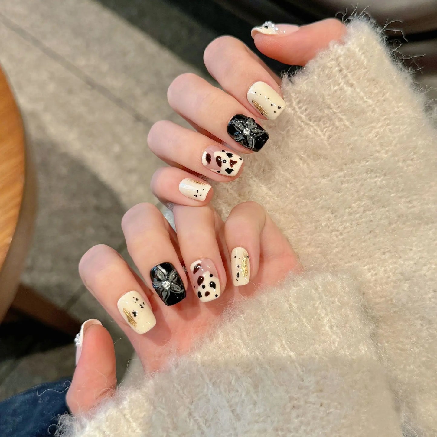 Handmade Press-On Nails | Short French Cow & Flower Print