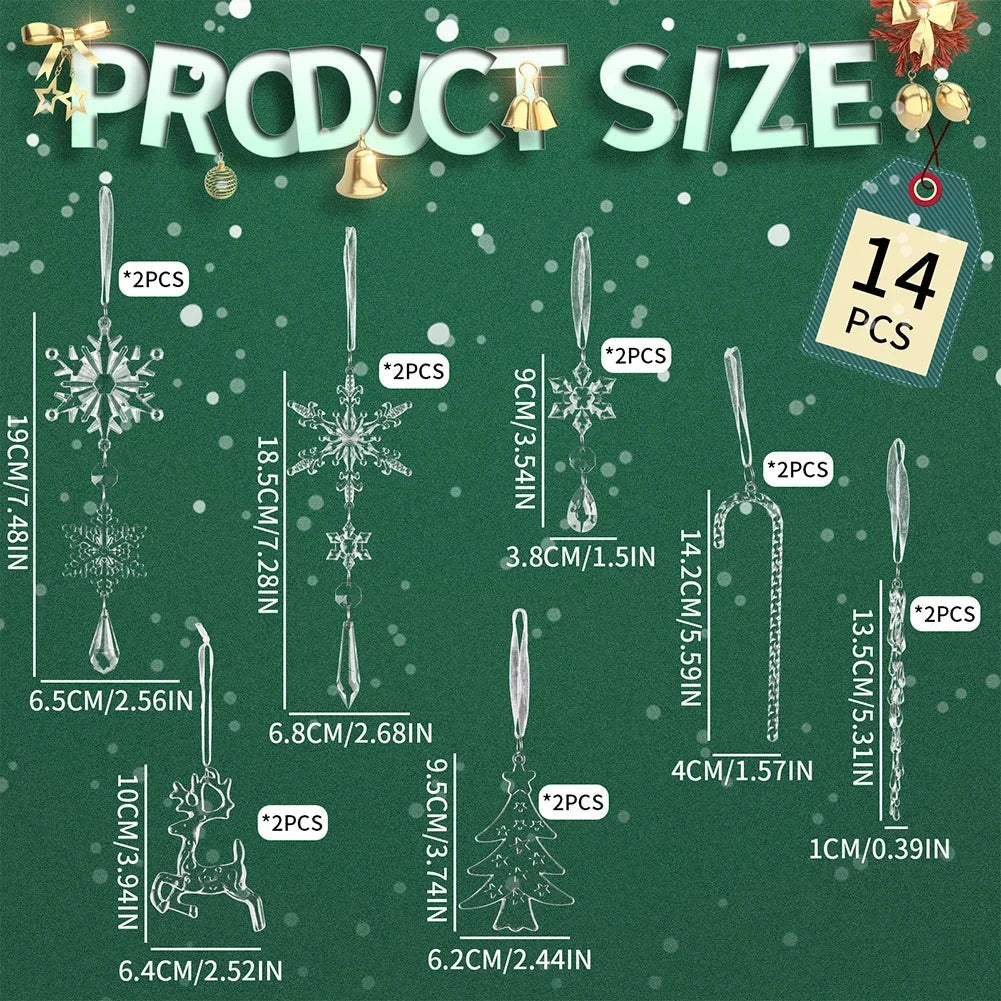 14-Pc Clear Acrylic Christmas Ornament Set | Easy Hang Tree Decor