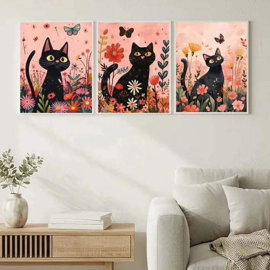 Nordic Wall Art Cute Black Cat Playing with Flowers Canvas Painting Modern Style Poster Prints Bedroom Living Room Wall Decor Peaceful Pleasures Health and Wellness