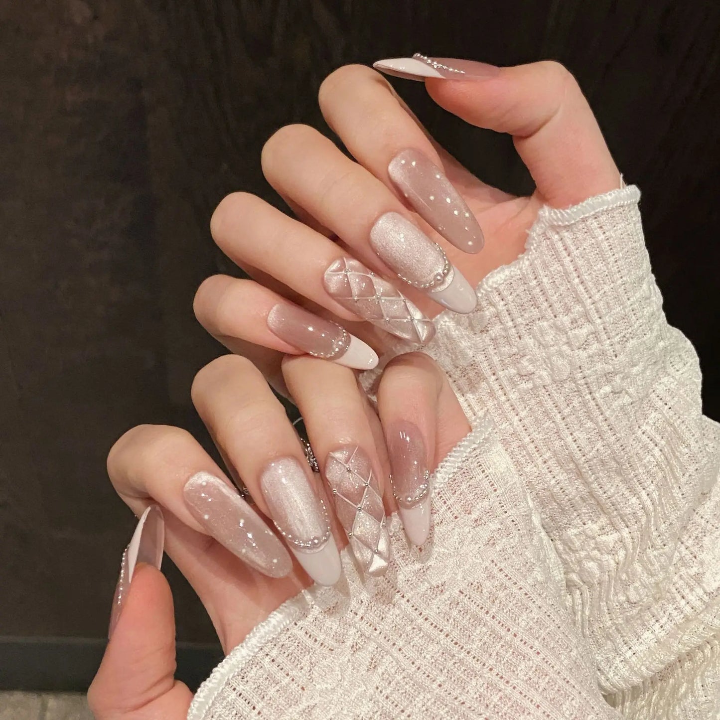 Handmade Sweet Diamond Grid Decor Press on Nails French Shiny Pink Cat Eye Fake Nails Wearable Reusable Korean Bride False Nails Peaceful Pleasures Health and Wellness M 2