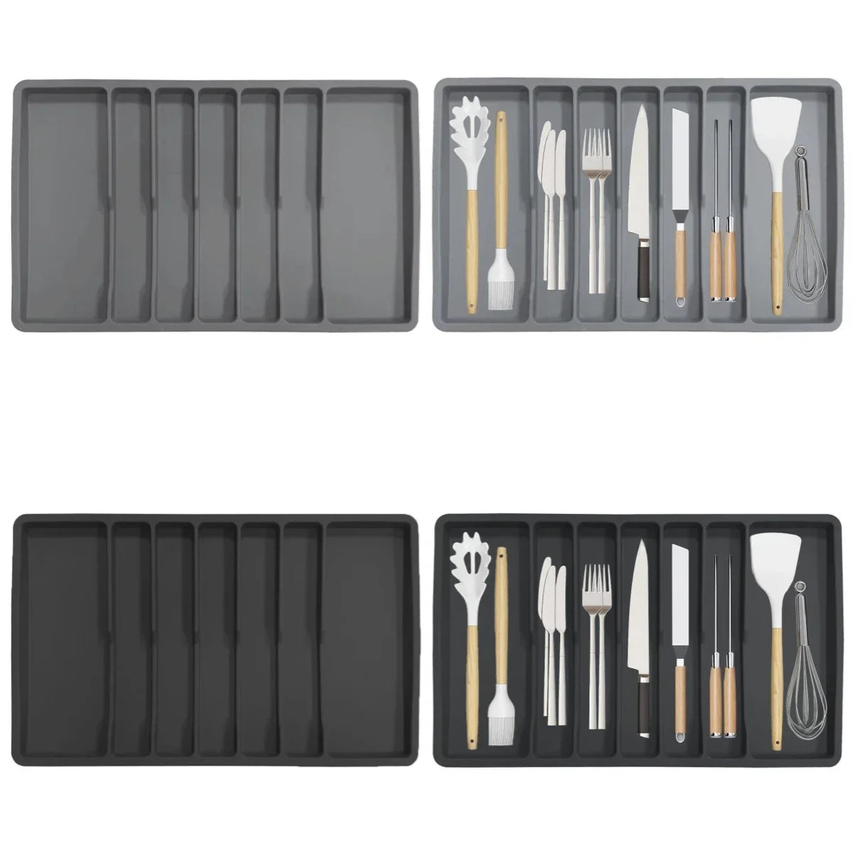 Non-Slip Silicone Cutlery Tray – 7-Compartment Drawer Organizer