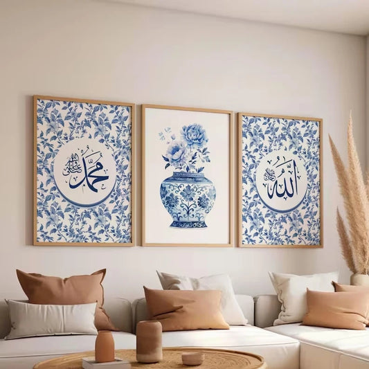 3-Piece Islamic Calligraphy Blue Eid Canvas Wall Art Print Set Canvas Wall Art Set Peaceful Pleasures Health and Wellness G4463-3pcs 30x40cm Wood Framed