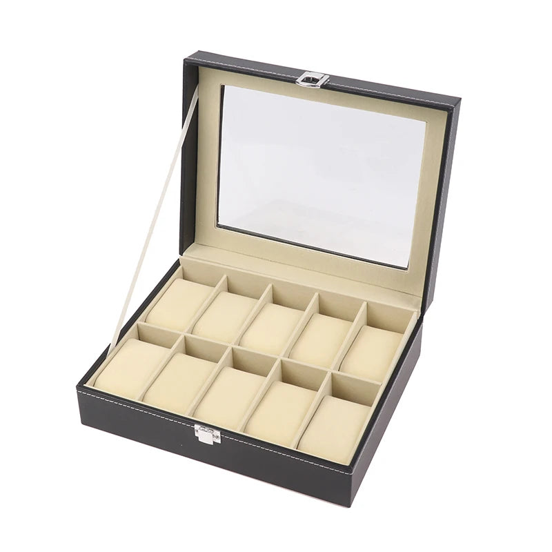 Watch Box Glass Lid Detachable Black PU Leather Watch Box Display Case Organizer With Framed Glass Lid And Removable Pillow Peaceful Pleasures Health and Wellness 10 Slot