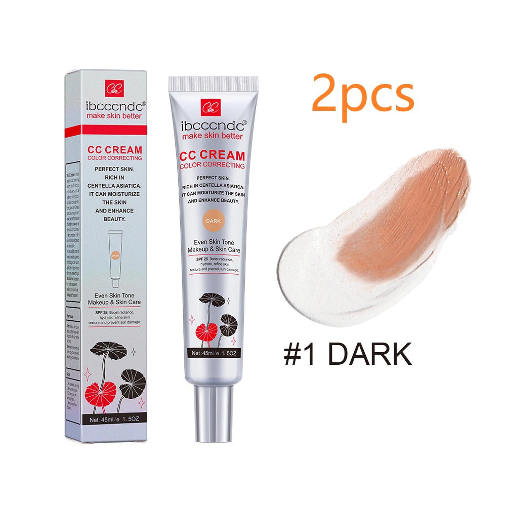 45ml Color Correcting CC Cream Facial Centella Asiatica Repair BB Cream Natural Concealer Whitening Liquid Foundation Cosmetics Peaceful Pleasures Health and Wellness dark 2pcs