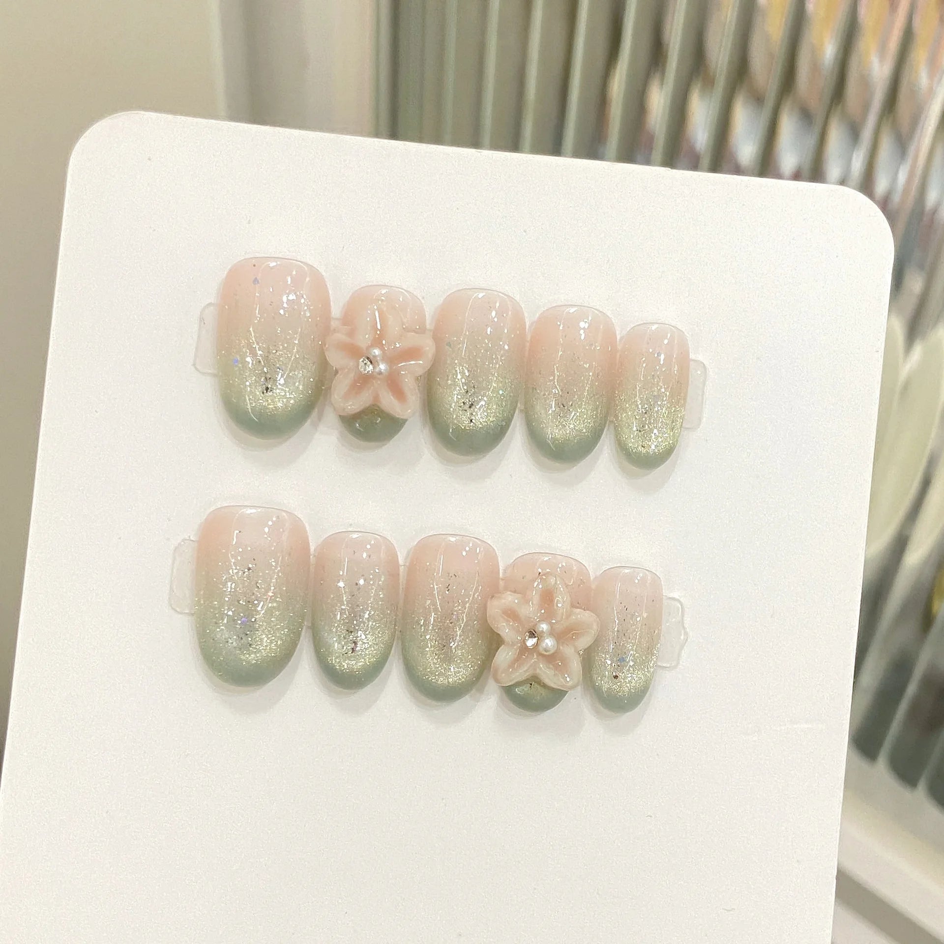 10pcs Handmade French Cat Eye Press on Nails Shiny Yellow Petals Design False Nails Wearable Full Cover Fashion False Nail Tips Peaceful Pleasures Health and Wellness M